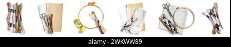 Set of embroidery hoops with mouline threads, canvas and scissors isolated on white Stock Photo