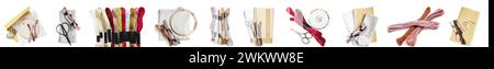 Set of embroidery threads with canvas and tools isolated on white Stock Photo
