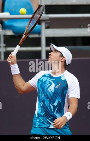 Rio De Janeiro, Brazil. 22nd Feb, 2024. Dusan Lajovic of Serbia reacts during the round 16 match against Laslo Djere of Serbia at the 2024 ATP500 Rio Open at Jockey Club Brasileiro in Rio de Janeiro, Brazil, Feb. 22, 2024. Credit: Wang Tiancong/Xinhua/Alamy Live News Stock Photo