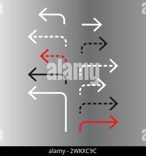 90 Degree Turn - Charting the Course - Set of Diverse Arrows Pointing to Success in Multiple Directions, Solid and Dashed Lines Stock Vector