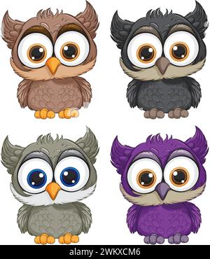 Four cute owls with different color feathers. Stock Vector