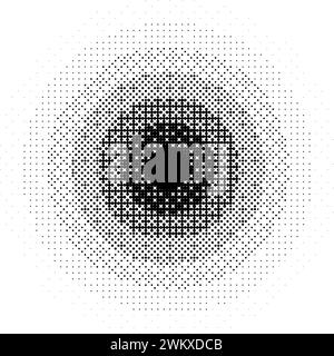 Radial pixelated gradient shape. Black dithered round gradation texture. Retro circle bitmap game background. Halftone 8 bit wallpaper. Vintage circular pixel art element. Vector overlay backdrop Stock Vector