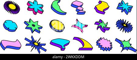 Bright neon color isometric shape set. Outlined abstract geometric object collection. Retro brutalist pack in Swiss or Memphis style. Vintage video game elements for poster, banner. Vector bundle Stock Vector