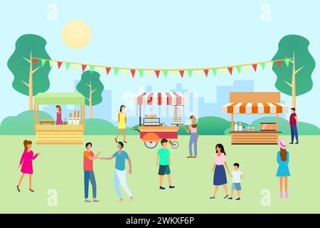 Local market or street fair flat vector illustration. Outdoor market stalls with crowd of people. Stock Vector