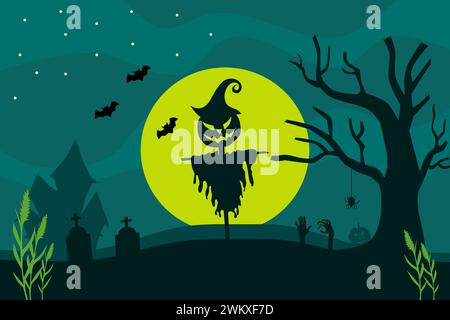 Halloween full moon night background with the Scarecrow pumpkin, dark castle, tombstone, and bats. Vector illustration. Stock Vector