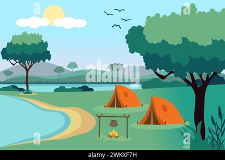 Summer camp in forest with tent and bonfire. Mountains, tree, lake, and sun in background. Vector illustration. Stock Vector