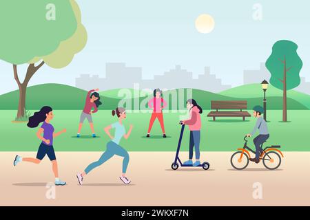 Park activities. Outdoor sport workout and healthy lifestyle, people running, riding bicycle, exercise, and jogging. Stock Vector