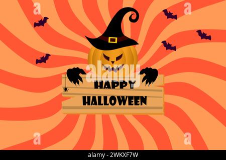 Halloween template background with the Halloween text and the scarecrow pumpkin. Vector illustration. Stock Vector