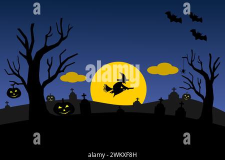 Halloween pumpkins on road and dark castle on blue Moon background with ...