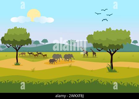 African Savanna forest landscape scene illustration with giraffe, deer, elephant, and bird. Stock Vector