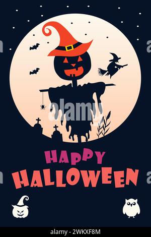 Halloween vertical background with scarecrow pumpkin. Flyer or invitation template for Halloween party. Vector illustration. Stock Vector
