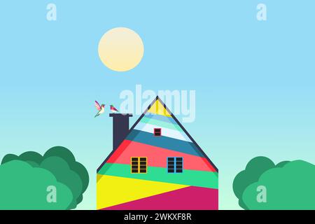 A colorful traditional house in the morning vector illustration. A pair of birds on the roof of the house. Stock Vector