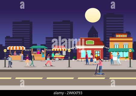 Night market, Summer fest, food street fair illustration. Night market with crowd of people in the city. Stock Vector