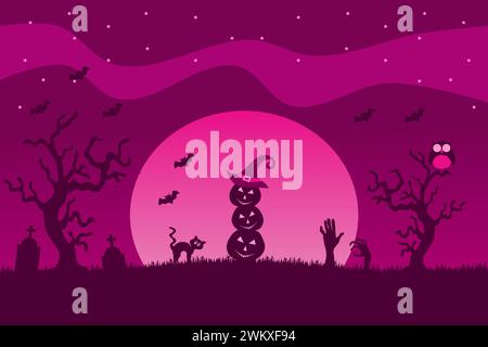 Halloween full moon night background with the Scarecrow pumpkin, tombstone, cat, owl, and bats. Vector illustration. Stock Vector