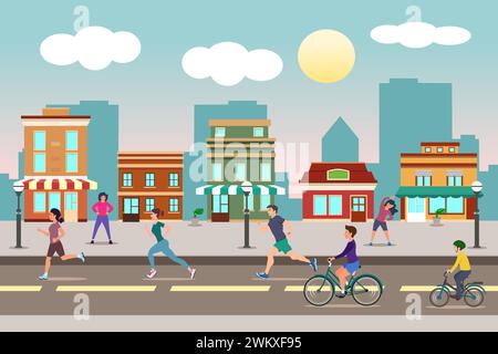 City landscape vector illustration. Sports activities in the city. Car Free Day. People doing sports outside. Stock Vector