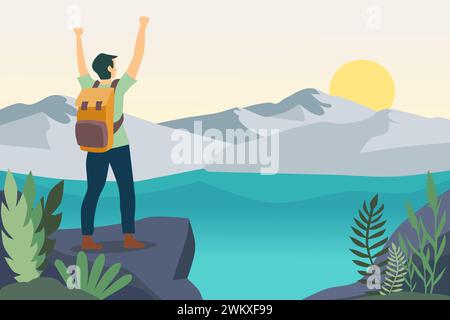 Man with backpack, traveler or explorer standing on top of mountain or cliff and looking on valley. Concept of discovery, exploration, hiking, adventu Stock Vector