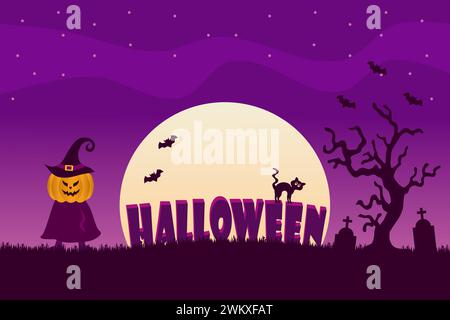 Halloween full moon night background with the Halloween sign, Scarecrow pumpkin, tombstone, cat, and bats. Vector illustration. Stock Vector