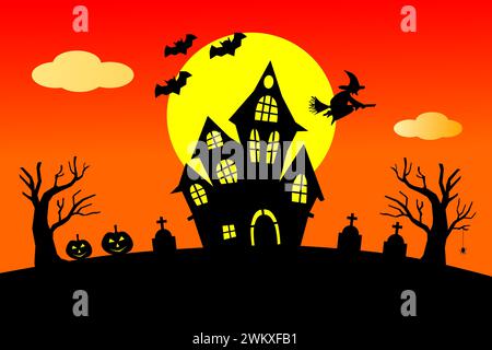 Halloween pumpkins on road and dark castle on blue Moon background with ...