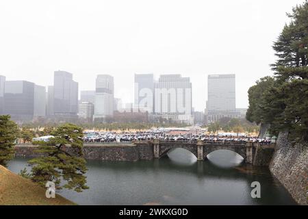 Tokyo, Japan. 23rd Feb, 2024. First well-wishers arrive at the Imperial Palace in Tokyo to greet the Emperor on his birthday February 23. (Photo by Stanislav Kogiku/SOPA Images/Sipa USA) Credit: Sipa USA/Alamy Live News Stock Photo