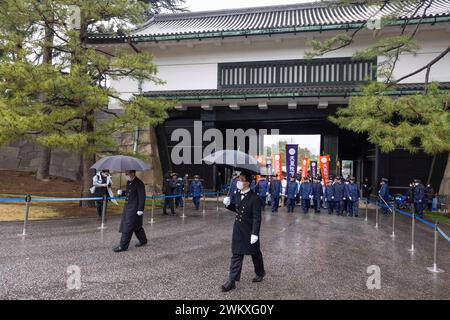 Tokyo, Japan. 23rd Feb, 2024. First well-wishers arrive at the Imperial Palace in Tokyo to greet the Emperor on his birthday February 23. Credit: SOPA Images Limited/Alamy Live News Stock Photo