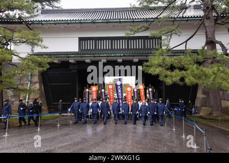 Tokyo, Japan. 23rd Feb, 2024. First well-wishers arrive at the Imperial Palace in Tokyo to greet the Emperor on his birthday February 23. (Photo by Stanislav Kogiku/SOPA Images/Sipa USA) Credit: Sipa USA/Alamy Live News Stock Photo