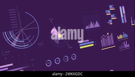 Image of statistics and financial data processing over purple background Stock Photo