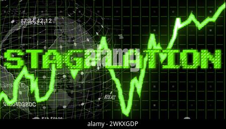 Image of stagflation text in green over green graph, globe and processing data Stock Photo