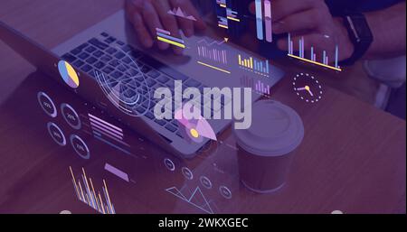 Image of statistics and financial data processing over caucasian man using laptop Stock Photo