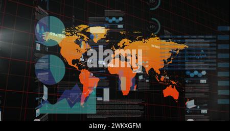 Image of graphs, world map with data processing on digital interface ...