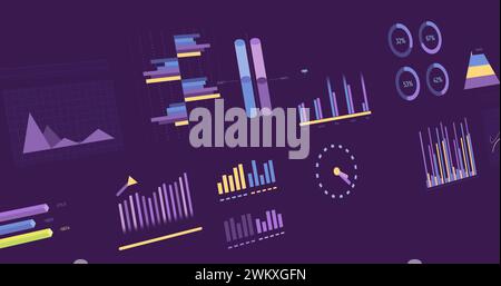 Image of statistics and financial data processing over purple background Stock Photo