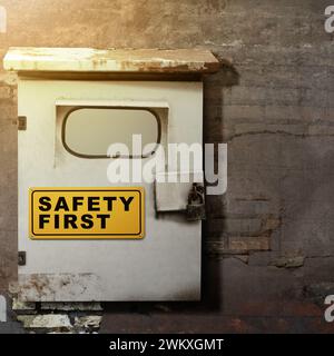 Safety first with yellow sign stuck on an old mailbox as a warning concept of industrial attention for employee awareness. Business concept for Avoid Stock Photo