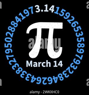 March 14 PI Day round vector vintage background. Pi Digits in circle shape Mathematics concept distressed illustration Stock Vector