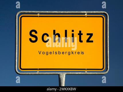 Schlitz town sign, small town in the Vogelsberg district, Hesse, Germany, Europe Stock Photo