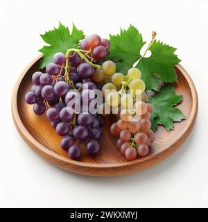 Purple grape in a wooden plate isolated on a white background. Fresh fruits Stock Photo