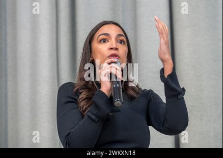 New York, United States. 22nd Feb, 2024. Rep. Alexandria Ocasio-Cortez delivers remarks at a Town Hall after five years of the Green New Deal at Astoria's PS 171Q in the Queens borough of New York City. Credit: SOPA Images Limited/Alamy Live News Stock Photo