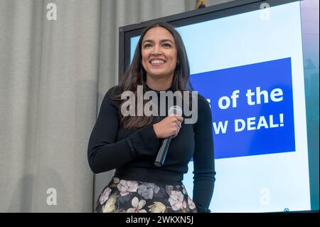 New York, United States. 22nd Feb, 2024. Rep. Alexandria Ocasio-Cortez delivers remarks at a Town Hall after five years of the Green New Deal at Astoria's PS 171Q in the Queens borough of New York City. (Photo by Ron Adar/SOPA Images/Sipa USA) Credit: Sipa USA/Alamy Live News Stock Photo