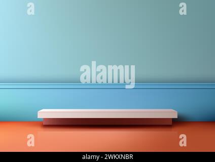 3D simple white shelf on a red floor in front of a blue wall. Product display. Vector illustration Stock Vector