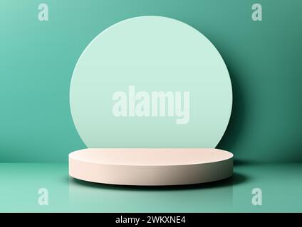 Simple and elegant product display with a white round 3D podium with circle backdrop on a green background. Vector illustration Stock Vector