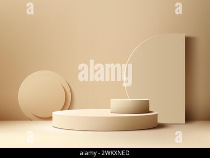 Abstract 3D beige podium with geometric shapes, including a circle, cylinder, and staircase. Vector illustration Stock Vector