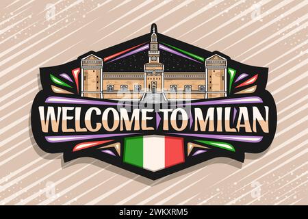 Vector logo for Milan, black decorative label with detailed illustration of famous milan castello sforzesco on nighttime sky background, art design re Stock Vector
