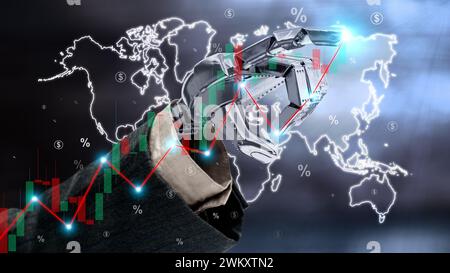 Image of robot hand pointing arrow up stock graph and chart background ...