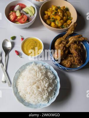 Ready to eat Indian non veg lunch menu served. Top view, Stock Photo