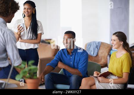 Business team, journalists and notes for planning for article, research and smile for communication. Diverse, colleagues and read for career, startup Stock Photo
