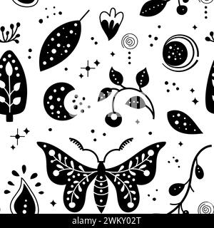 Seamless Neo Folk Art Vector Patterns Set With Flowers, Black And White 