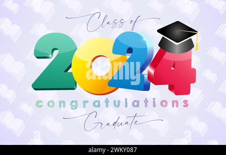 Graduating wallpaper banner for 2024 graduates. 3D style creative number 2024 with square cap. Web icon. Educational background with open books Stock Vector