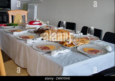 Decorated table served for Easter dinner Stock Photo