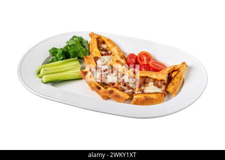 Sliced ​​minced meat pita with buttermilk and salad on white background Stock Photo