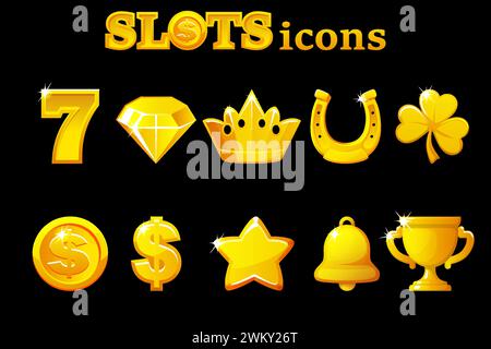 Classic gold slot machine symbol collection. Casino icons Stock Vector