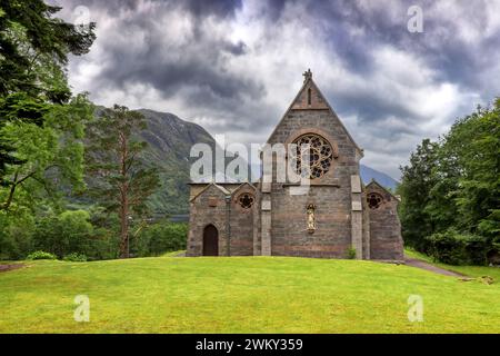 The catholic church of St Mary and St Finnan, on the banks of Loch Shiel, Glenfinnan, Scotland. Consecrated in 1873. Stock Photo