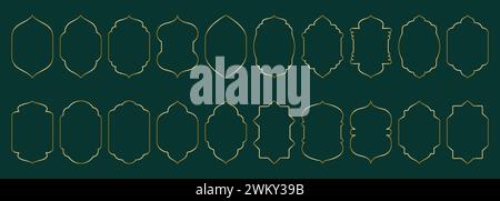 Gold thin window frame shape Islamic door or arch with geometric girikh pattern, silhouette Arabic arch. Luxury set in oriental style. Frames in Stock Vector